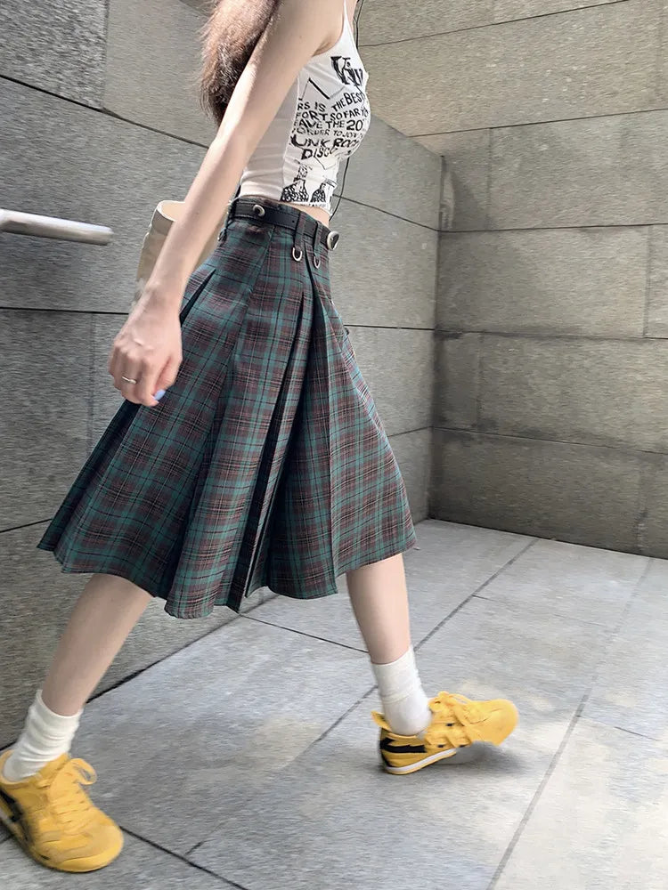 qgtao Korean style Preppy Fashion Vintage Plaid Summer Women Midi Skirt High Waist Pleated A-line Temperament Loose Y2K Skirt