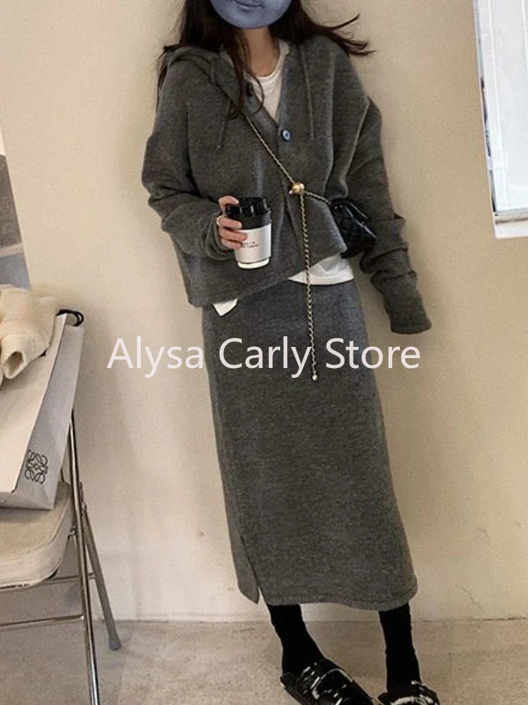 qgtao Elegant Knitting 2 Piece Set Women Long Sleeve Coat + Casual Midi Skirt 2023 Winter Vintage Party Office Lady Korean Knited Suit