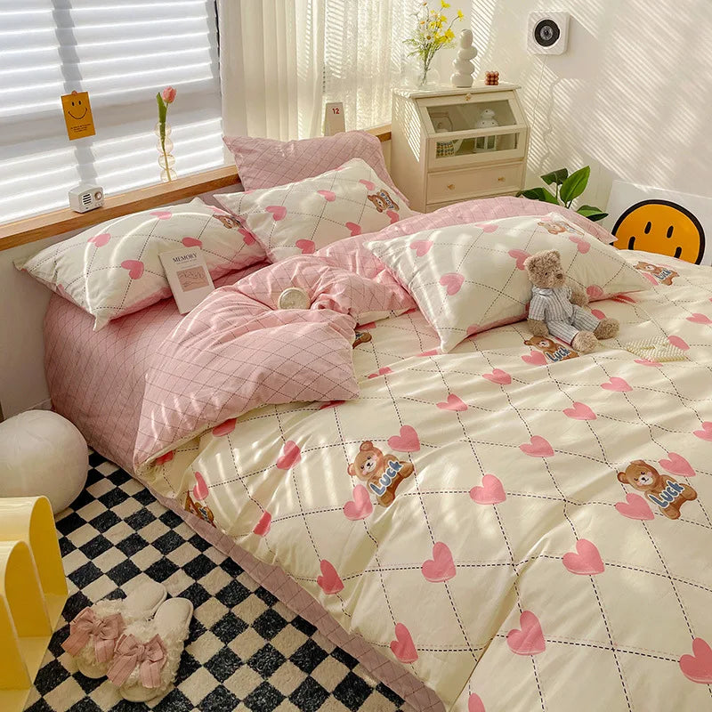 Yeknu Ins Style Bedding Set Cotton Soft Flat Fitted Sheet Duvet Cover Pillowcase Floral Rabbit Boy Girls Home Textile Bedclothes