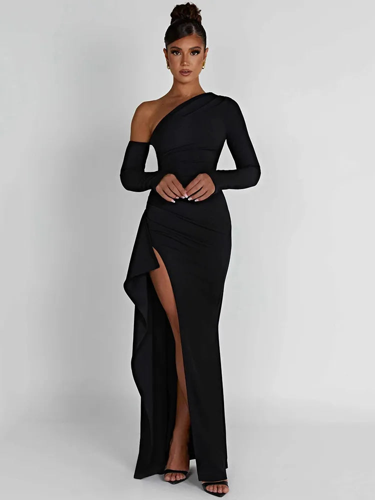 qgtao Oblique Shoulder Thigh High Split Maxi Dress Women Long Sleeve Backless Bodycon Sexy Club Party Long Dress Vestidos