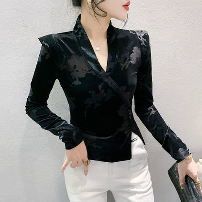 2024 New Spring Summer European Clothes Velvet T-Shirt Irregular V-Neck Sexy Women Tops Long Sleeve Plants Flowers Tees 42029