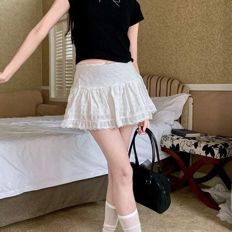 qgtao Ruffle Lace Mini Skirt White Fairycore Sweet Korean Style Layered Tulle Short Skirts Cute Casual Texture A-line Skirt