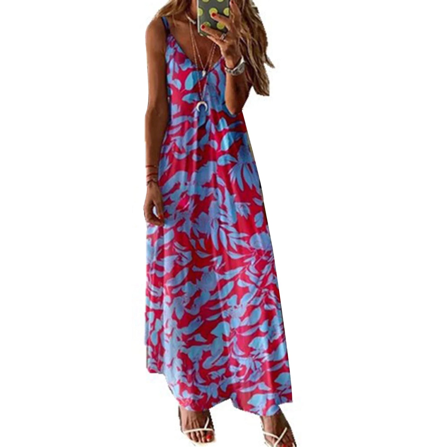 qgtao Women Boho Vintage Maxi Dress Loose Flora Print Deep V Neck High Waist Dresses Spaghetti Strap Summer Retro Vestidos Clothes