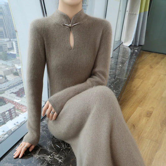 qgtao 100% Mink Cashmere Dress Women's Stand up collar Pullover Long Skirt Slim Fit Fashion Long Warm Dress Autumn Winter Solid Color