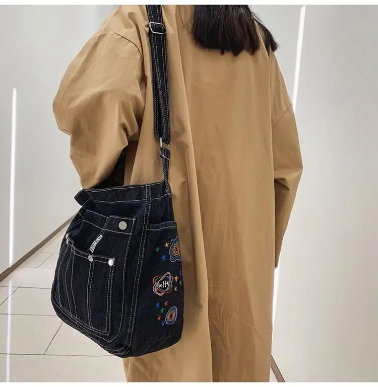 qgtao  Vintage Denim Handbag Women Retro Grunge Print Punk Casual Crossbody Bags Female Harajuku Y2k Messenger Bag Aesthetic