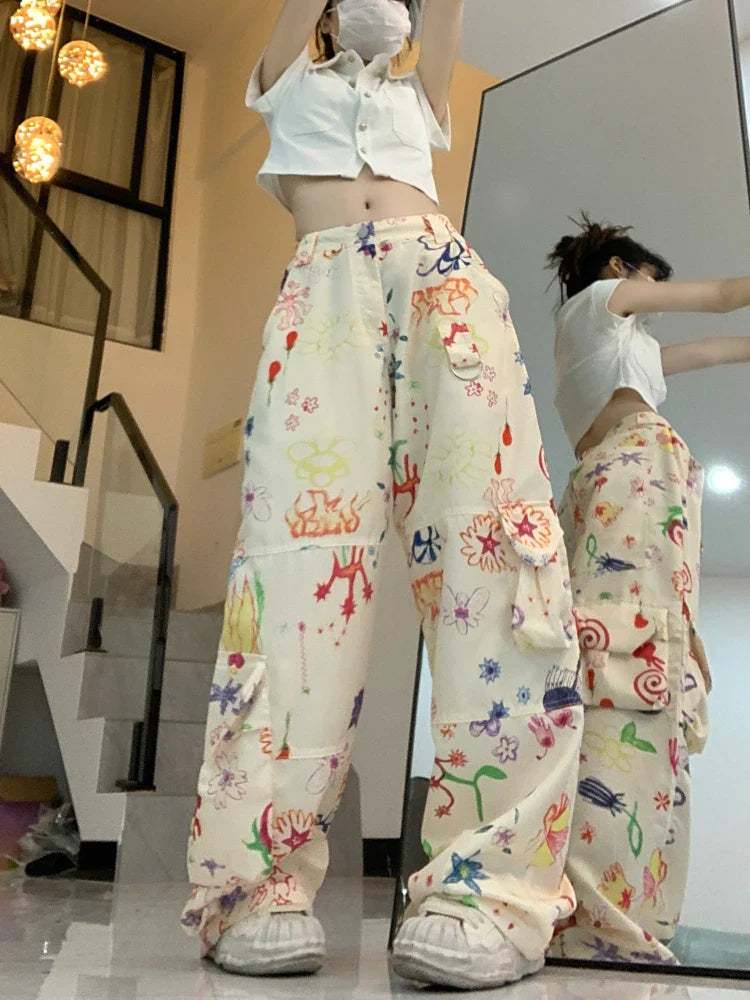 qgtao  -  Vintage Baggy Cargo Pants Women Y2k Fashion Straight Flower Pattern Low Waist Casual Sweatpants Hip Hop Slouchy Trousers