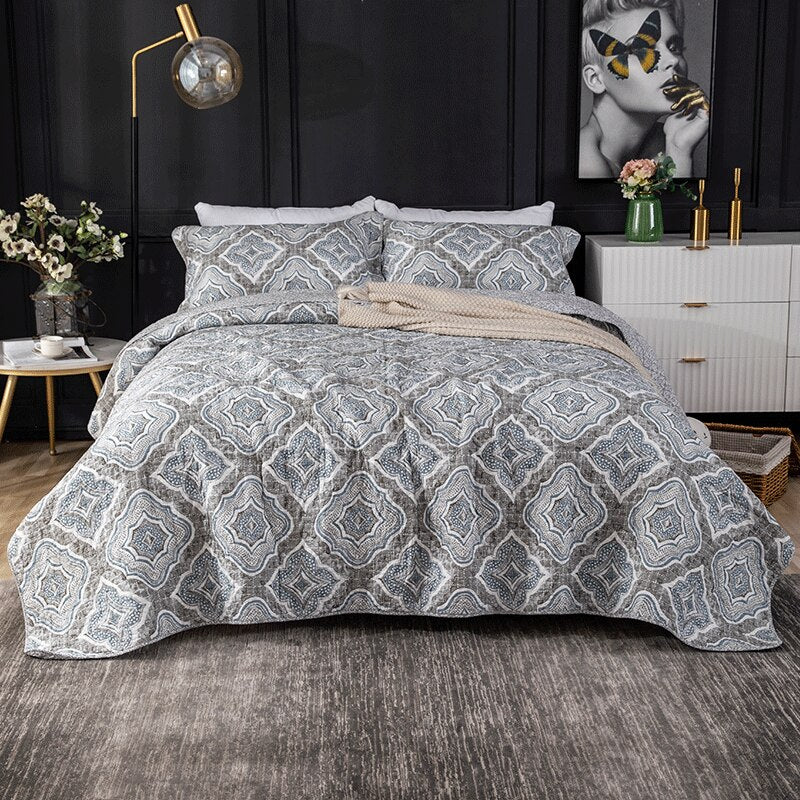 Yeknu 100% Cotton Handmade Geometric Grey 3pcs Printed Quilted Quilt Pillowcase Free Shipping