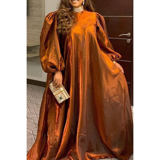 qgtao Plus Size Daily Dress Brown Glitter Long Sleeve Lantern Sleeve Maxi Dress