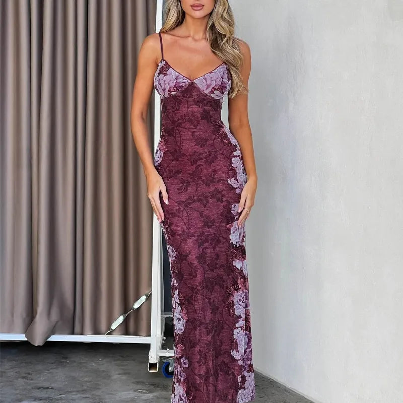 Vintage Print Slip Long Dress Sexy V-neck Sleeveless Bodycon Dresses Aesthetic Coquette Party Club Backless Robe Summer