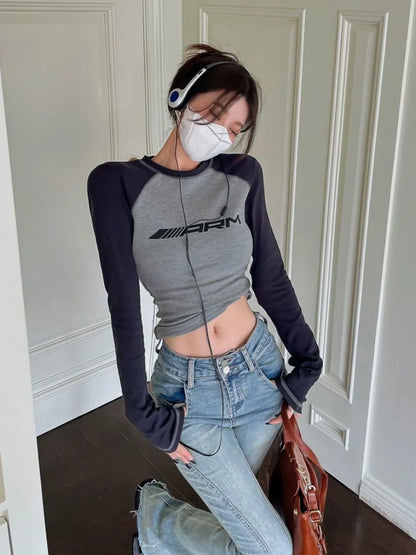 qgtao Y2k Slim T-shirts Women Patchwork Long Sleeve Top Female Fashion Letter T Shirt Ladies American Retro Casual Top Streetwear