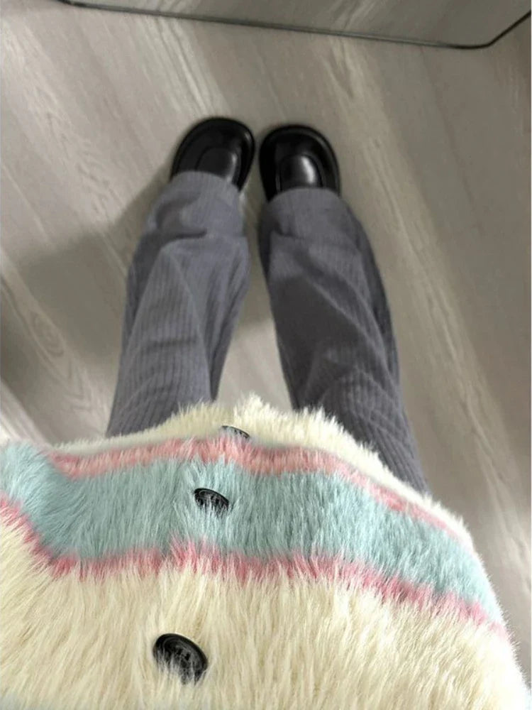 Deeptown Vintage Gray Flare Pants Women Harajuku Black High Waist Wide Leg Trousers Korean Slim Knit Full Pants Y2K Streetwear