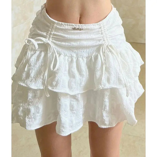 qgtao Fairycore Ruffle Women Mini Skirt White Lace Sweet Kawaii Short Skirts Coquette Layered Pleated Korean Fashion Skirt