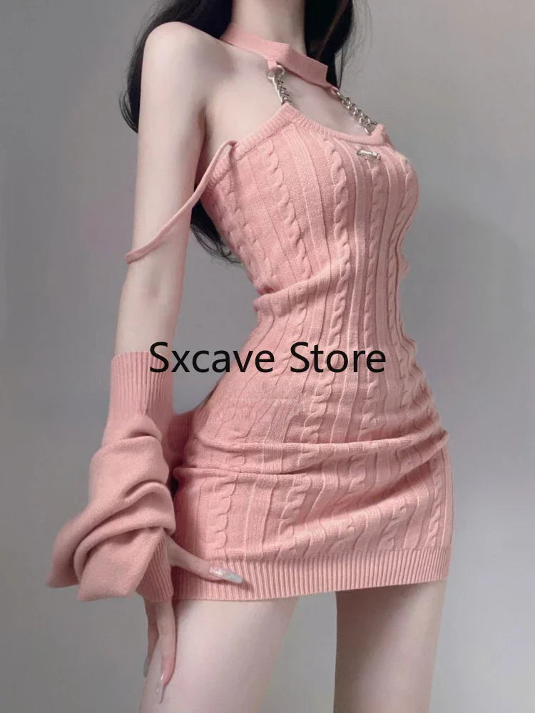 qgtao Autumn Pink Knitted Suits Office Lady Casual Y2k Crop Tops + Mini Dress Korea Fashion Clothing Even Party 2 Piece Dress Set