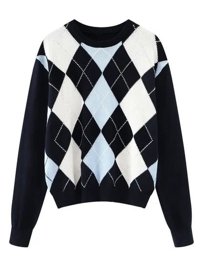 Sweet Girls Vintage Knitted Argyle Sweaters 2024 Early Autumn Fashion Ladies Pullovers Cute Women Chic Sweater Streetwear