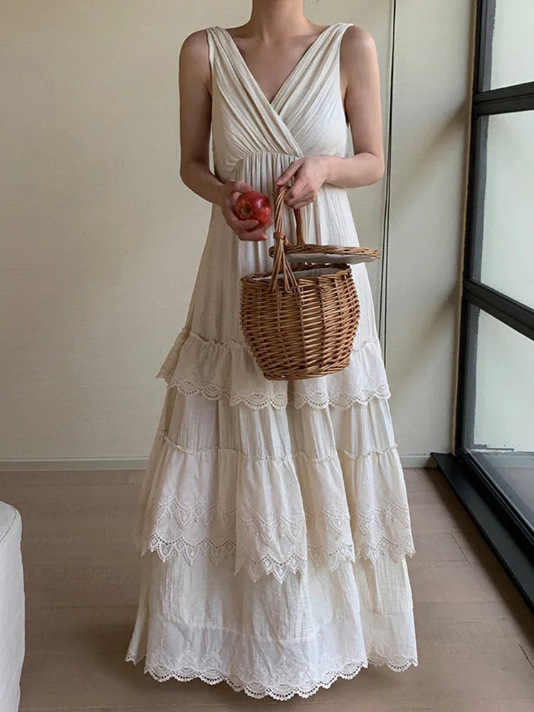 qgtao Elegant Chic Tiered Maxi Dress V-neck Backless Rayon Beige Summer Lace Ruffles Holiday Women Casual Ladies Dresses New