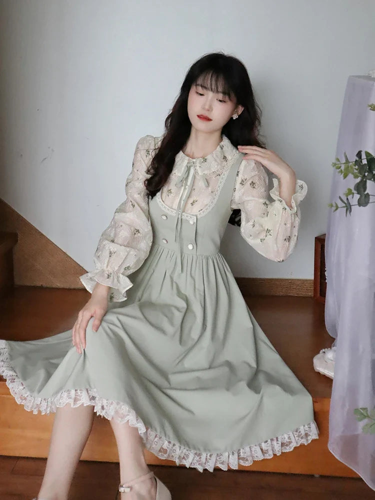 qgtao Green Elegant Vintage Strap Dress Women 2024 Spring Lace Evening Party Midi Dresses Ladies Retro Korean Sweet Kawaii Fairy Dress