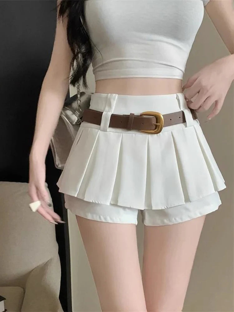 qgtao High Waist Sexy Belt Pleated Skirt Women Sweet Vintage Preppy Style Mini Skirt Korean Casual Elegant Solid Female Skirt New