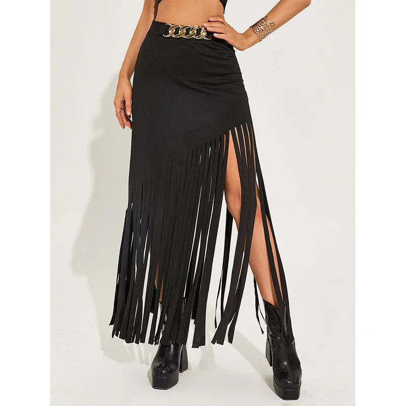 qgtao  Tassel Punk Style Sexy Women Maxi Skirts Mall Gothic Grunge High Waist Long Skirt With Ring Belt Black Club Streetwear