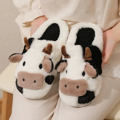 qgtao 2024 Winter Warm Milk Cow Women Slippers Men Cute Soft Plush Sandals Adults Lovely Non-slip Flip Flops Couples Home Flat Slides