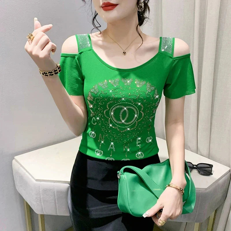 Runway Fashion European Women's Clothes Sexy Off Shoulder Letter Shiny Diamonds T-Shirts Luxury Brand Mesh Tees Tops Blouse