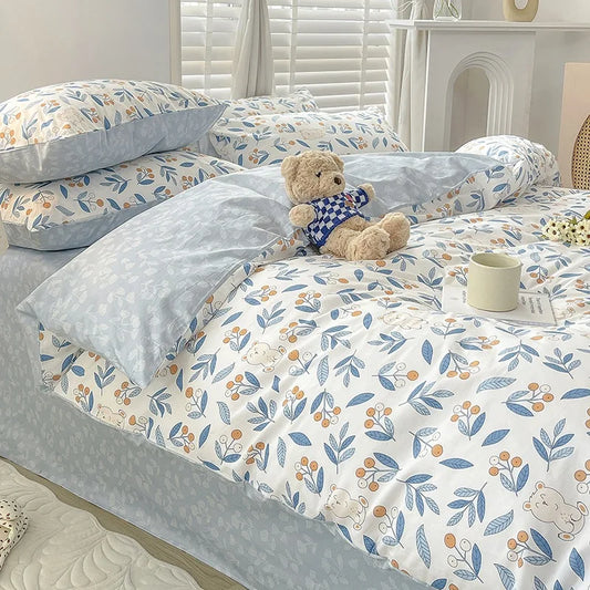 Yeknu Cotton Bedding Set Pastoral Style Floral Bear Fitted Sheet Duvet Cover Pillowcase Fashion Cartoon Boy Girls Dormitory Bedclothes