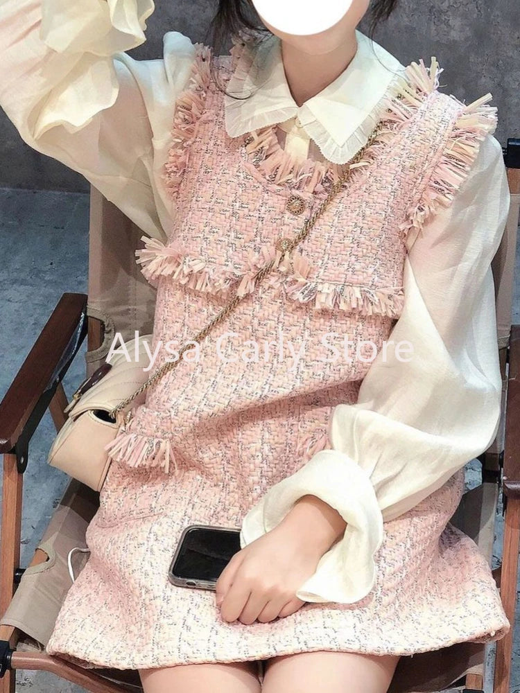 qgtao Fairy Sweet Two Piece Set Women Autumn Vintage Elegant Shirt Pink Cute Dress Set Casual Korean Style Formal Party Dress Set 2024