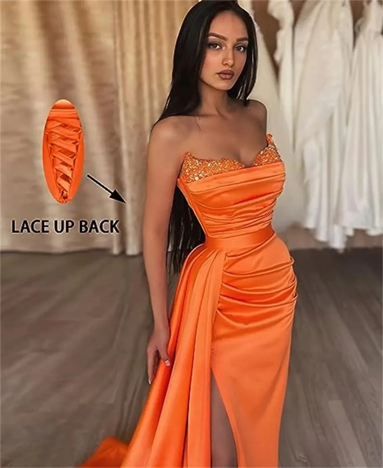 qgtao Line Sexy High Split Prom Formal Evening Dress Strapless Sleeveless Court Train Satin with Slit Pure Color robes de soirée