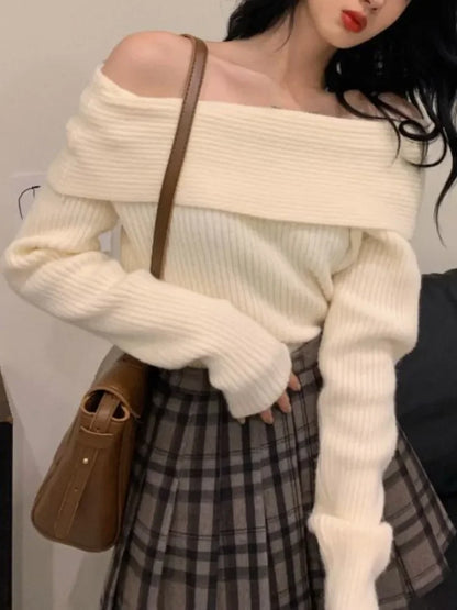 Off Shoulder Knitted Sweater Women Long Sleeve Elegant Pullovers Autumn Winter Pure Color Fashion Sexy Y2k Clothing Tops Korean