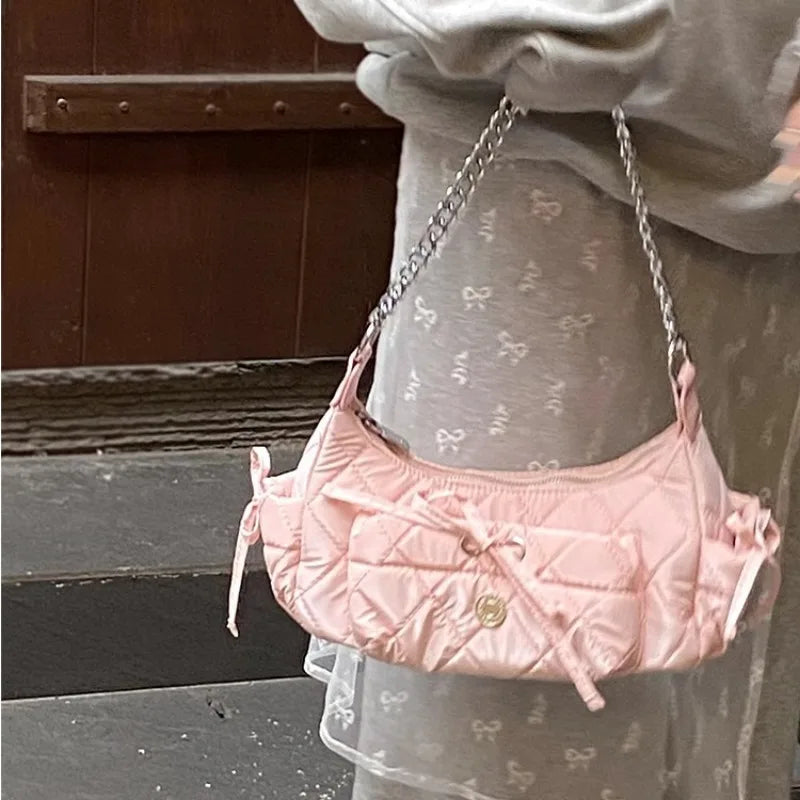 qgtao Elegant Pink Shoulder Bag for Women Summer Fashion Leather Casual Cute Handbag Chains Hot Girls Daily Gentle Armpit Bag