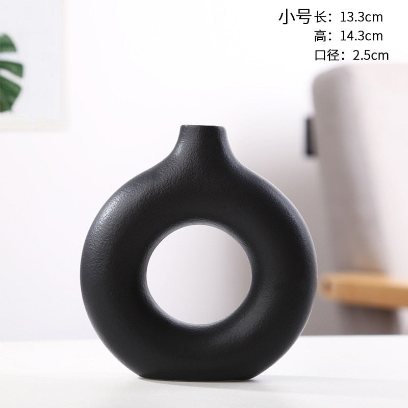 Nordic Vase Circular Hollow Ceramic Donuts Flower Pot Home Living Room Decoration Accessories Interior Office Desktop Decor Gift