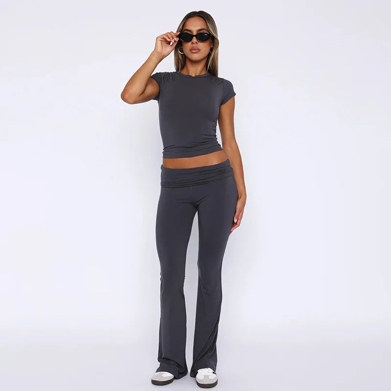 qgtao Leisure Fold Over Pants Suit Women Crew Long Sleeve Slim Crop Top Flare Pants Sports Causal Set Hottie Autumn Street wear