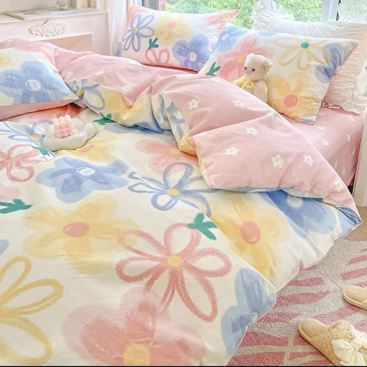 Yeknu INS Gradual Cream Pink Green Bedding Set Floral Duvet Cover Pillowcase Kawaii Bed Sheet Quilt Cover Single Queen King Size