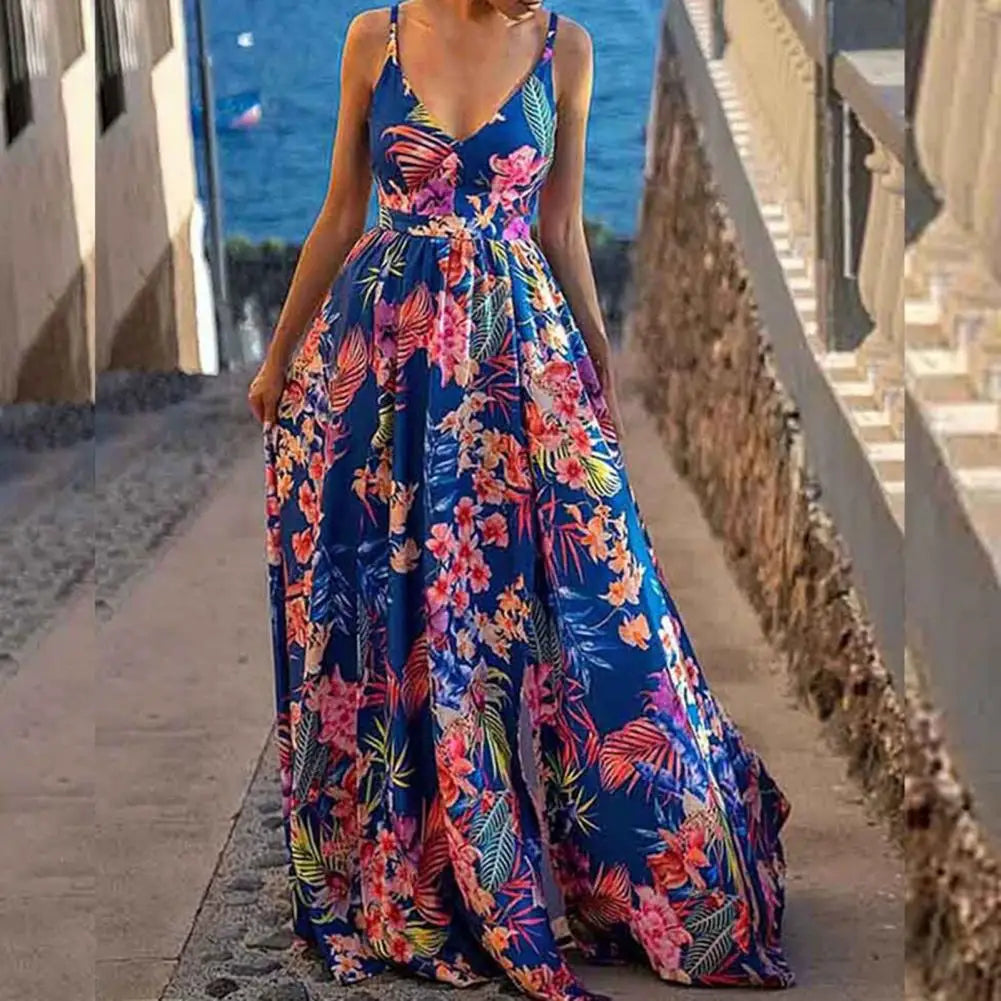 qgtao聽Summer Boho Dress Sexy Deep V-Neck Waist Tight Split Large Hem Maxi Dress Floral Print Sleeveless Sling Beach Holiday Dress