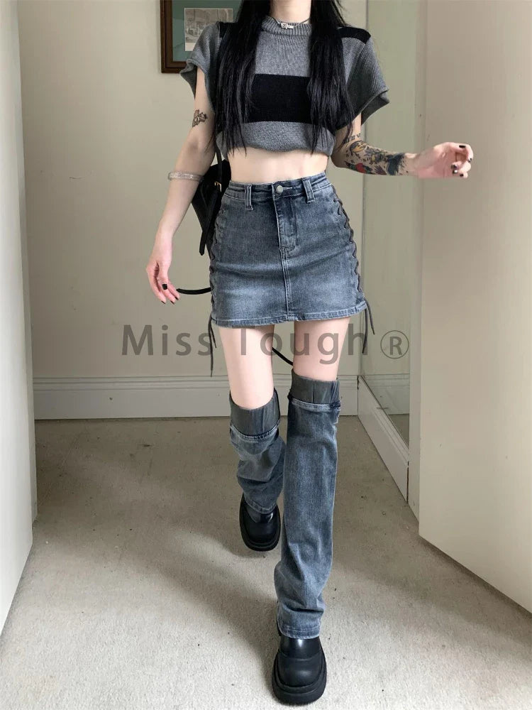 qgtao Gothic Design Y2k Denim Patchwork Set Women Lace-up Short Skirt + Leg Warmer Jeans High Waist Elastic Casual Two Piece Sets 2024