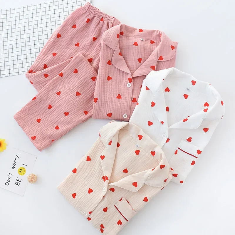 qgtao Lovely pure Cotton Women's Pajamas Ins Tiktok Popular Sweet Heart Printed Sleepwear Comfort Soft Cute Two-piece Set Homeclothing