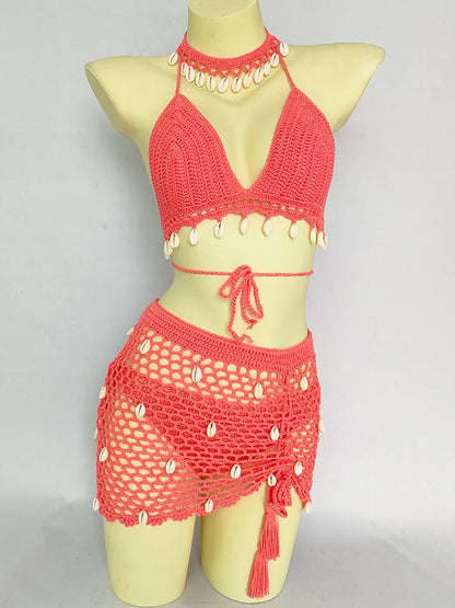 qgtao 4 pieces Woman Bikini Set Crochet Shell Tassel Top Sexy Thong Bottom See-Through Hollow Out Bandage High Waist Short Beach Skirt