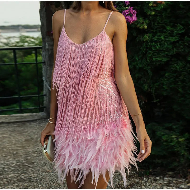 qgtao New Sexy Tassel Sequins Feather Mini Dress Women Spaghetti Strap Stitching Dresses Female Elegant Evening Party Club Dress