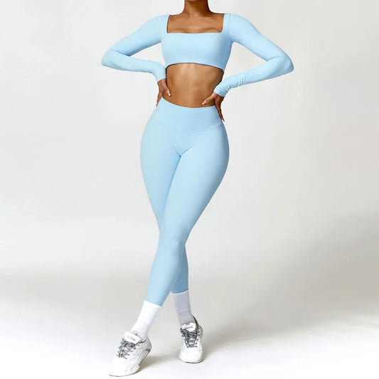 qgtao Yoga Set 2PCS Women Gym Long Sleeve Seamless Sportswear Workout Clothes Athletic Wear Legging Fitness Bra Crop Top Sports Suits