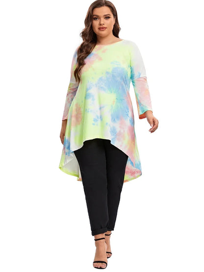 qgtao Plus Size Long Sleeve Elegant Tie Dye Tunic Tops Long Loose Autumn Hi Low Swing Blouse T-shirt Plus Size Clothing Women 6XL 7XL