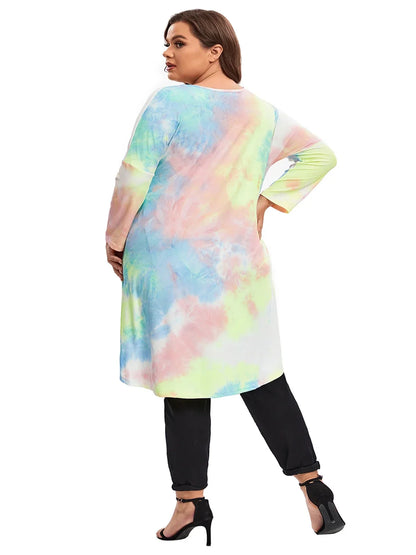 qgtao Plus Size Long Sleeve Elegant Tie Dye Tunic Tops Long Loose Autumn Hi Low Swing Blouse T-shirt Plus Size Clothing Women 6XL 7XL