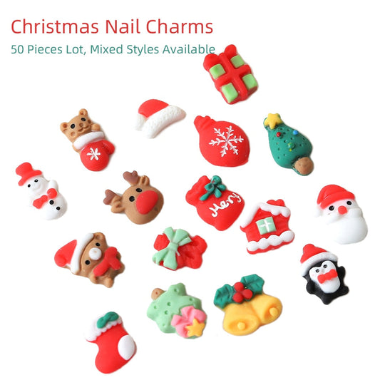 50 Pieces Christmas Nail Charms Wholesale In Bulk Tree Snowman Deer Mixed Styles 3D Resin Nail Art Decoration