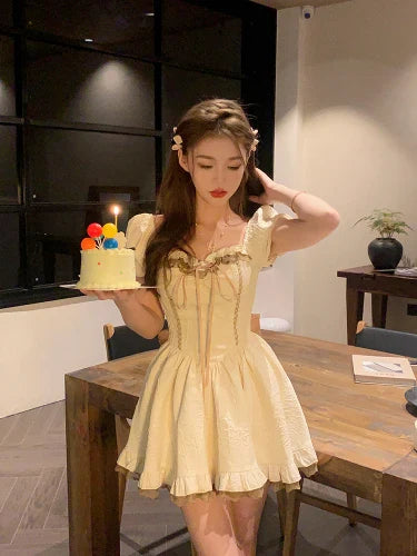 qgtao Summer Bow Vintage Kawaii Dress Women Lace Designer Party Mini Dress Female Casual Korean Fashion Y2k Lolita Retro Dress 2024