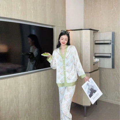 qgtao Spring New Pajamas Women's Ice Silk Flower Print Long Sleeved Loose Size Sleepwear
