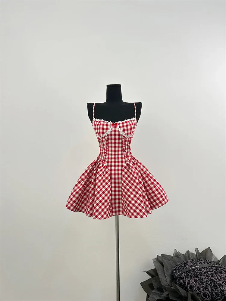 qgtao Summer French Prom Gown Ballet Core Mini Plaid Dress Women Gyaru Coquette 2000s Aesthetic Evening Frocks Party Fairy One-Piece