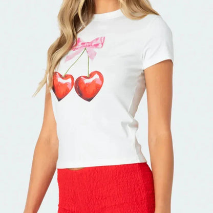 qgtao Y2k Tshirt Grunge Baby Tee Aesthetic Cherry Print Casual Vintage Streetwear Short Sleeve Crop Top Clothes Gothic Slim T-shirts