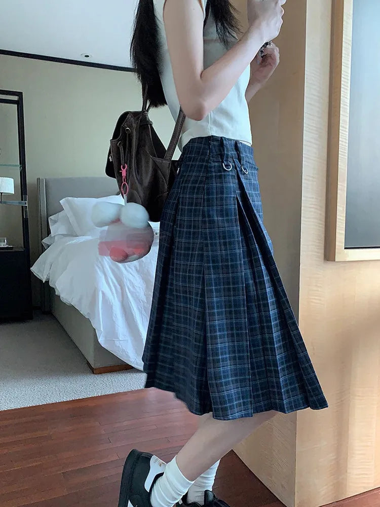 qgtao Korean style Preppy Fashion Vintage Plaid Summer Women Midi Skirt High Waist Pleated A-line Temperament Loose Y2K Skirt