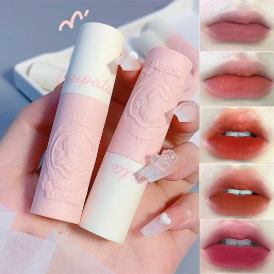 qgtao Angel Embossed Lip Mud Lip Gloss Matte Lipstick Easy To Color Long Lasting Silky Muddy Lip Glaze Pigment Lip Makeup Cosmetics