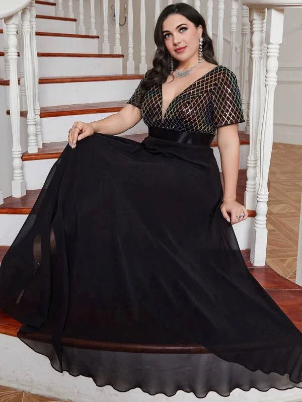 qgtao Plus Size V Neck Rhombus Sequin Luxury 4XL5XL Chiffon Dress Party Prom Black 3/4 Sleeve Over Maxi Dress for Party Wedding