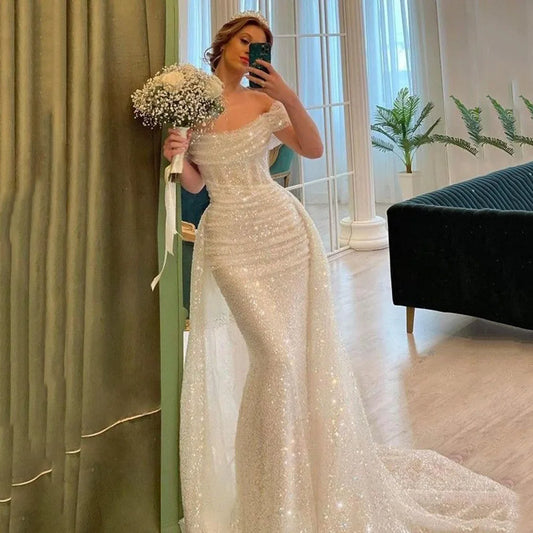 qgtao  Princess Glitter Sequins Wedding Dresses With Detachable Train 2023 Shiny Mermaid Bridal Dress For Women Party Gowns