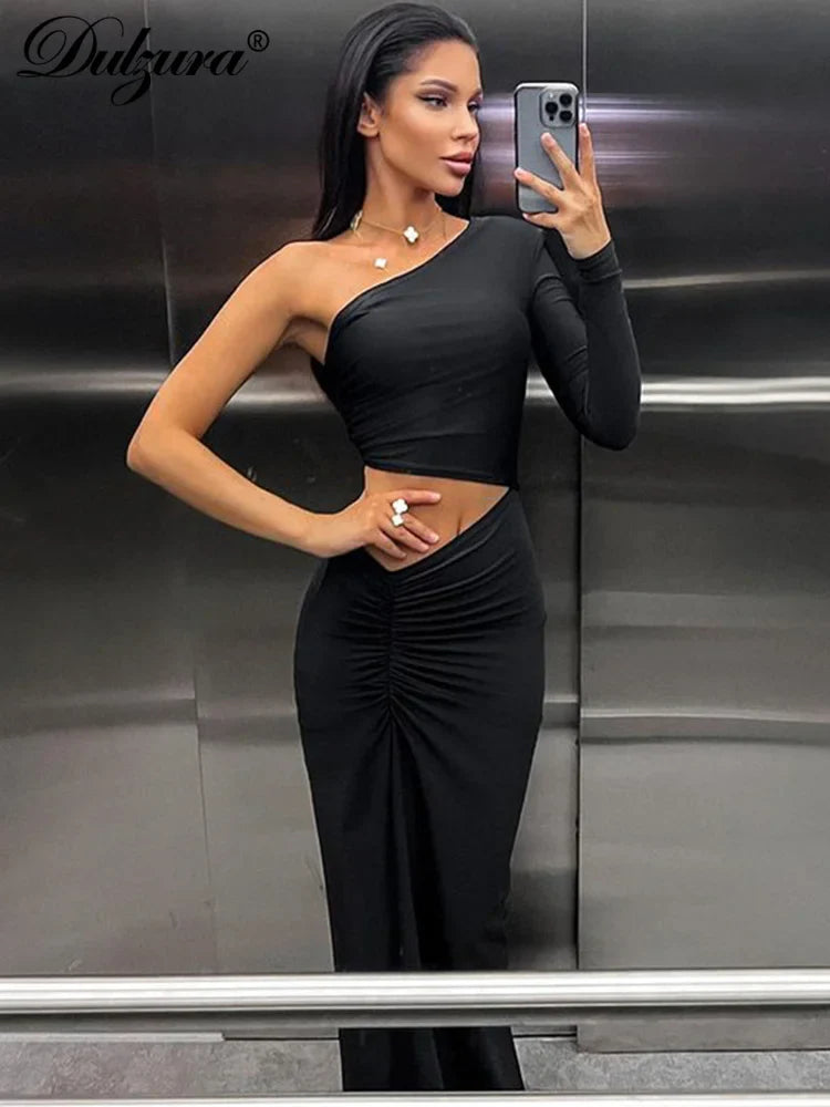 qgtao聽Long Sleeve One Shoulder Maxi Dress Cut Out Ruched Slit Bodycon Sexy Prom Party Elegant Evening Y2K Clothes Birthday